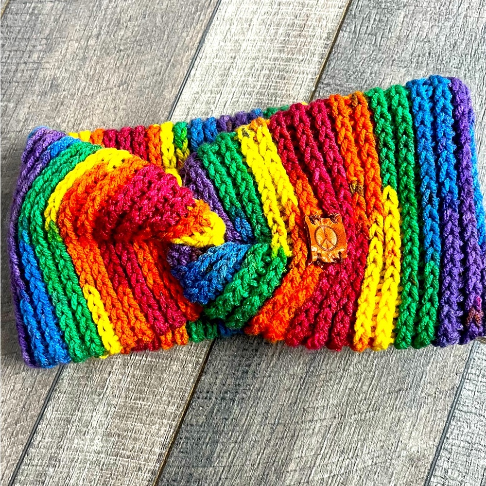 Handmade Twist Front Crochet Headband Rainbow Pride Peace